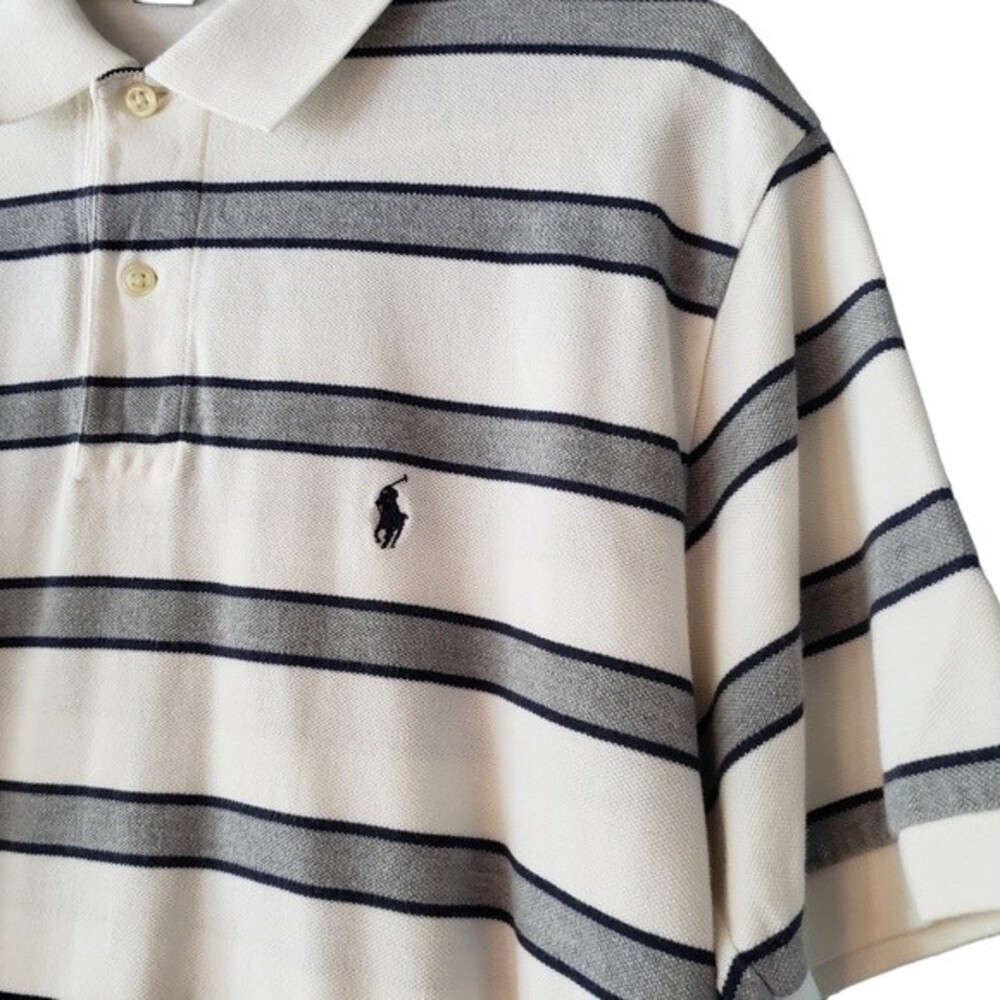 Polo by Ralph Lauren White Gray Black Stripes Short Sleeve Texture Knit Shirt M - Picture 2 of 5